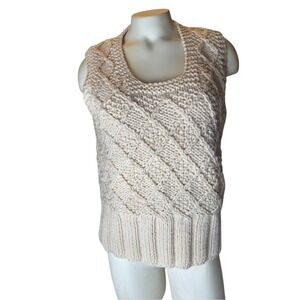 Vintage Fashion Bar Italian 100% Wool Hand Knit Cable Sweater Vest Cream